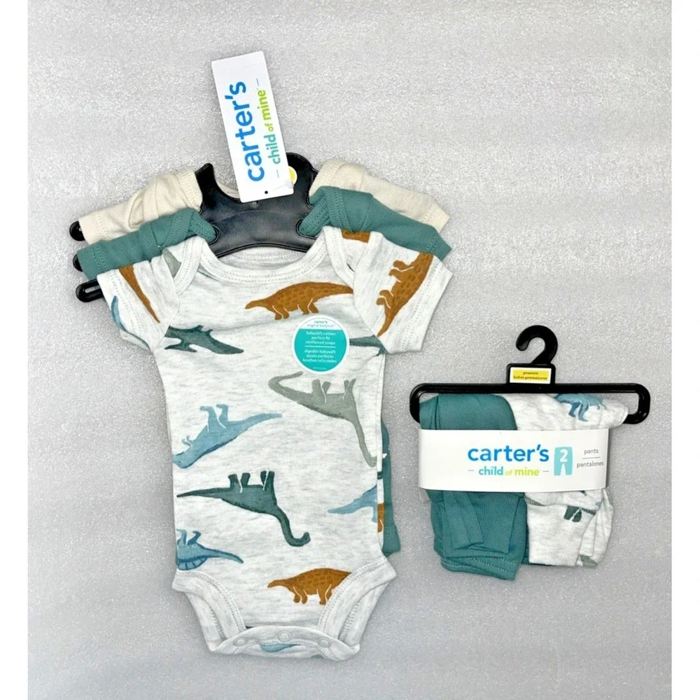 Carters Child Of Mine Baby Boy Dinosaur 5 Pieces - 3 Bodysuits & 2 Pants Preemie